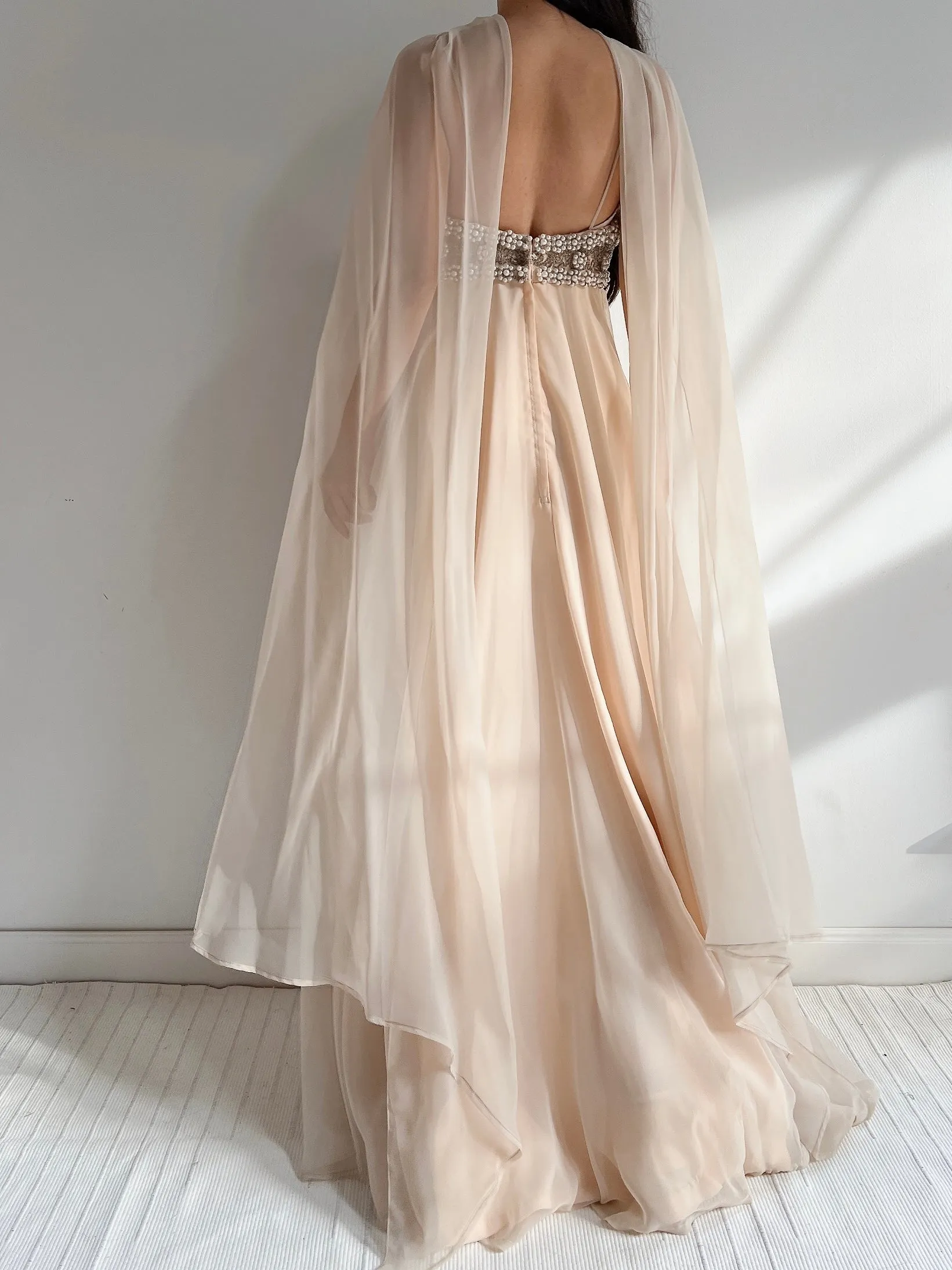 1960s Empire Chiffon Beaded Gown - XS