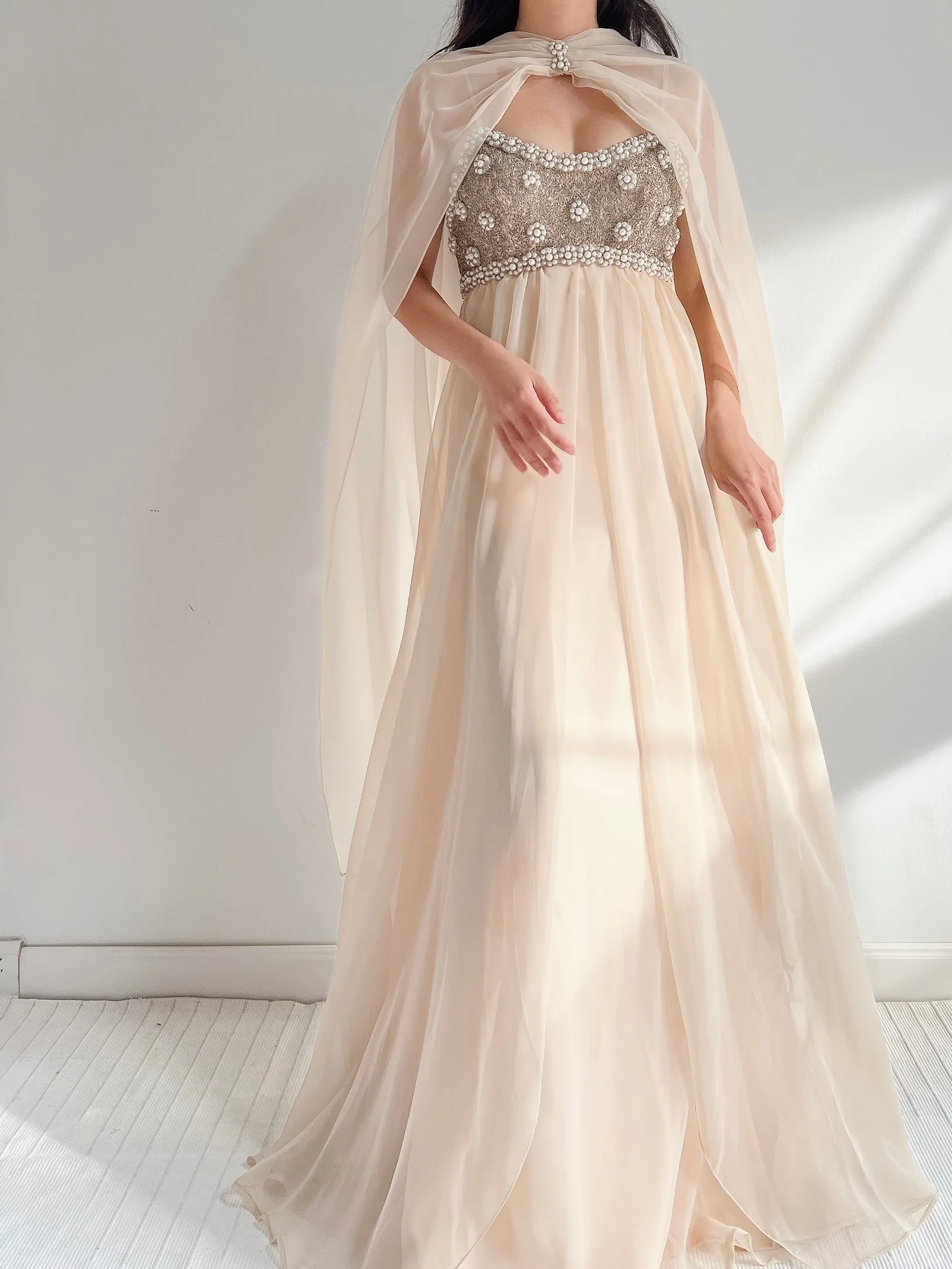 1960s Empire Chiffon Beaded Gown - XS