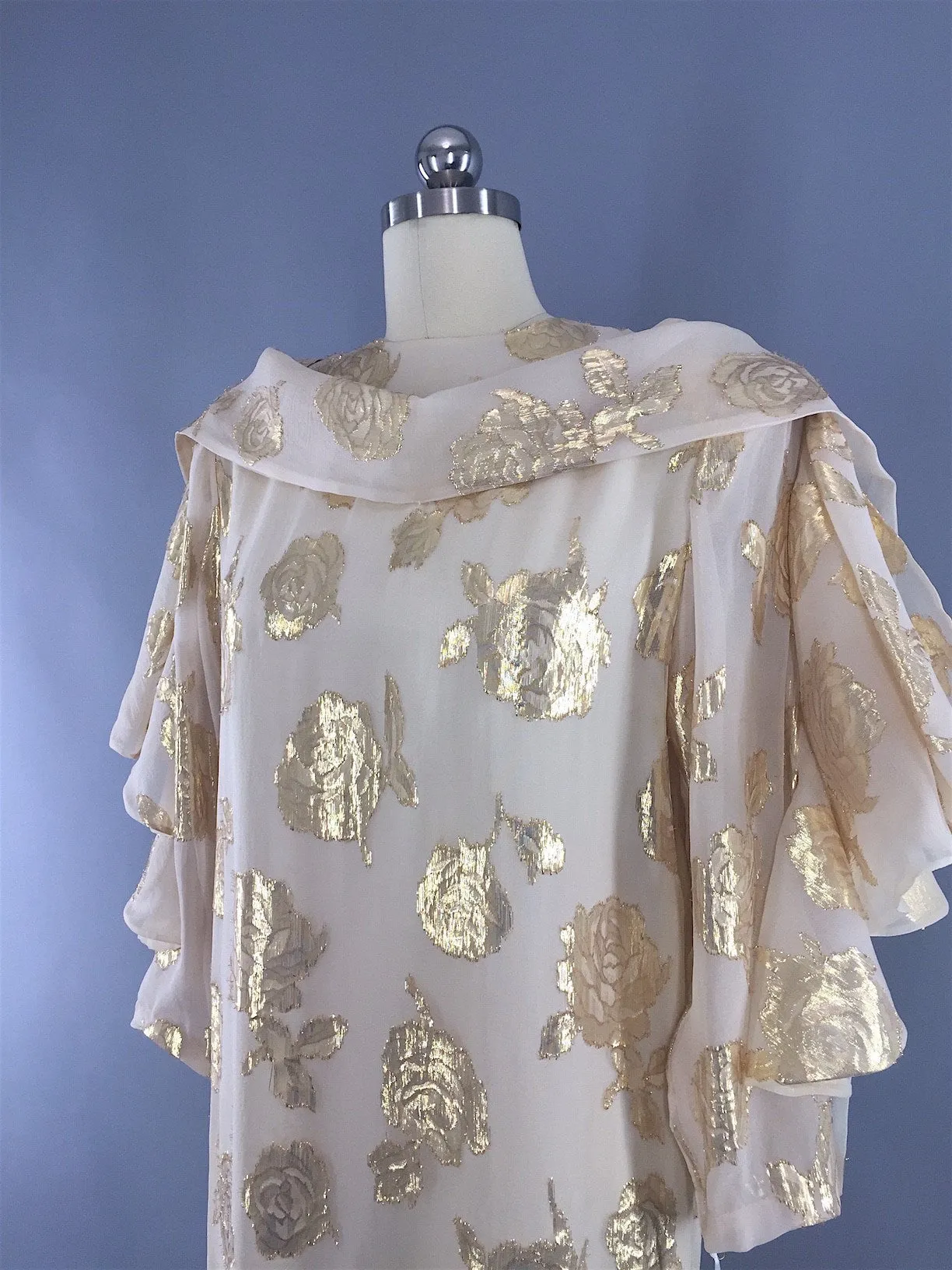 1970s - 1980s Vintage HANAE MORI Designer Dress in Ivory Chiffon with Gold Roses