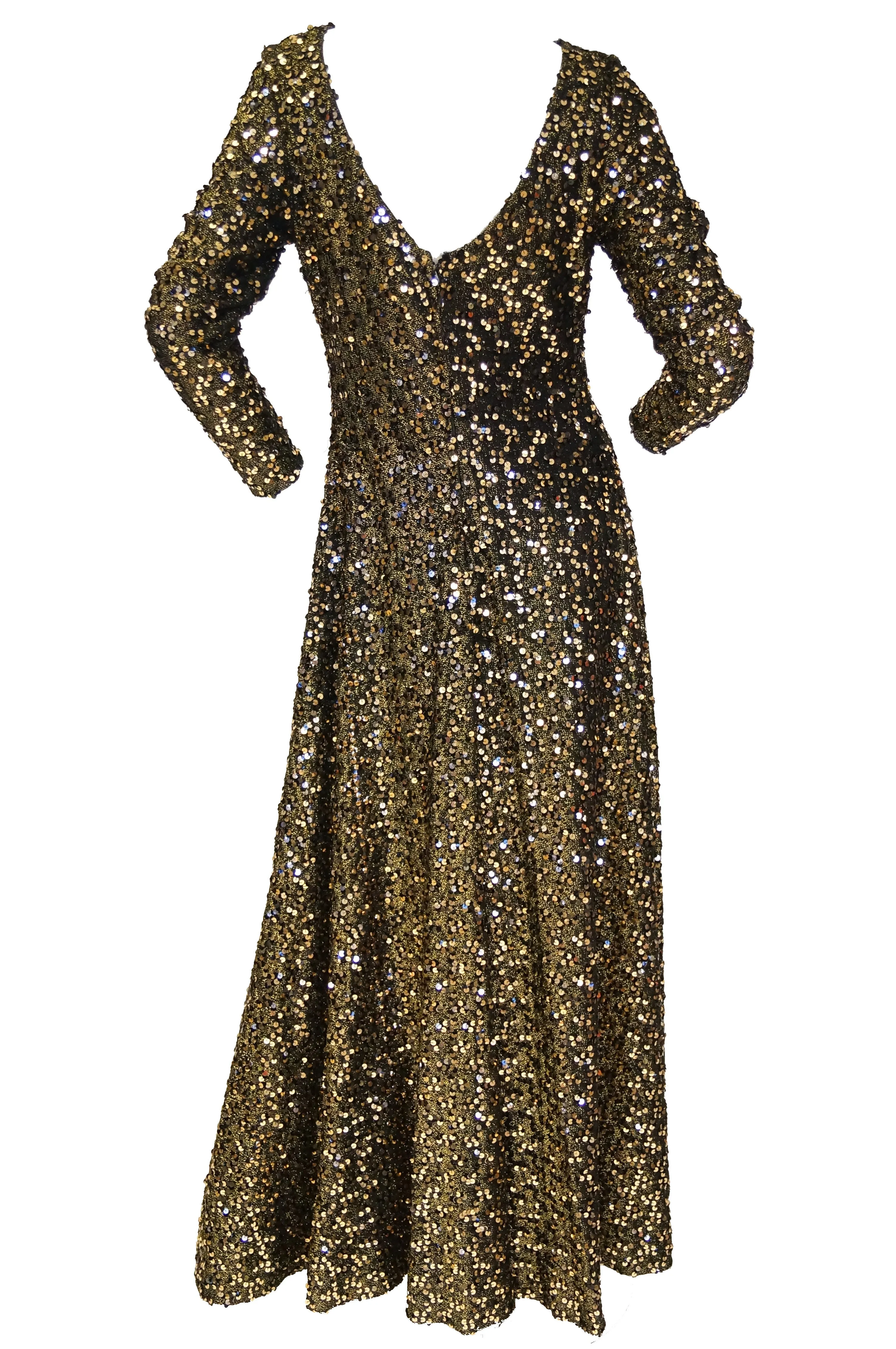 1970s Jill Richards Plunge Back Fully Sequined Black and Gold Evening Dress