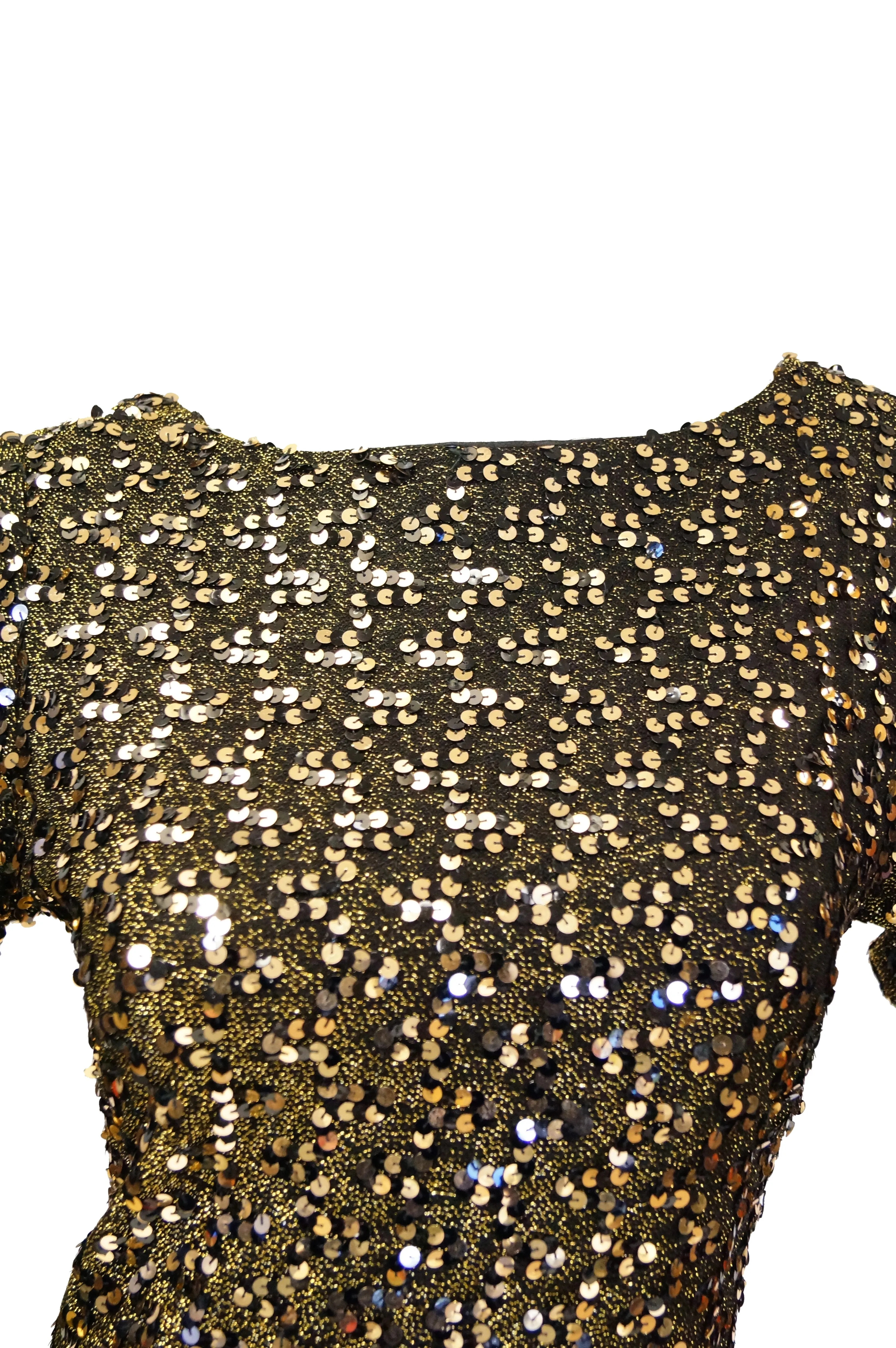 1970s Jill Richards Plunge Back Fully Sequined Black and Gold Evening Dress