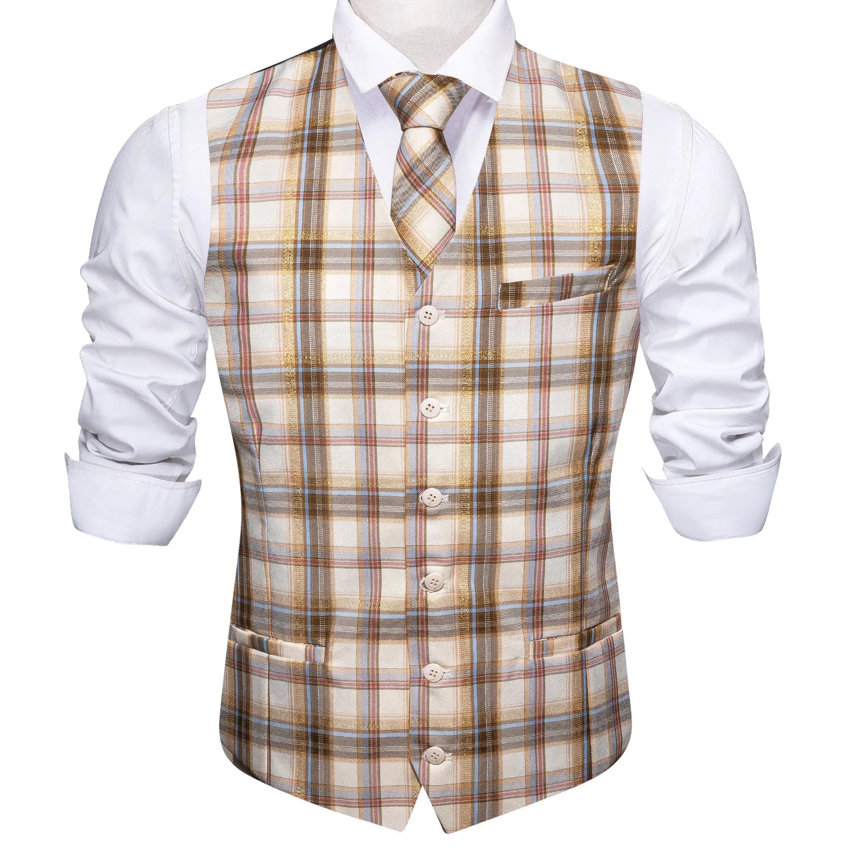 2PCS Beige Light Brown Plaid Jacquard Men's Vest Tie Set