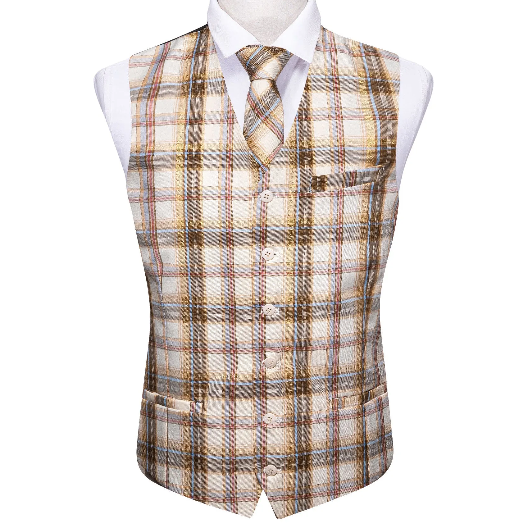 2PCS Beige Light Brown Plaid Jacquard Men's Vest Tie Set