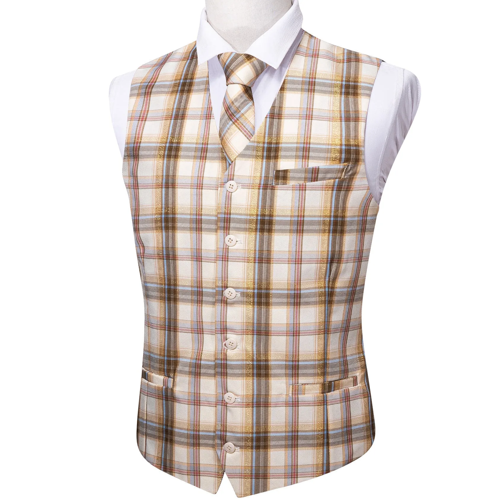 2PCS Beige Light Brown Plaid Jacquard Men's Vest Tie Set