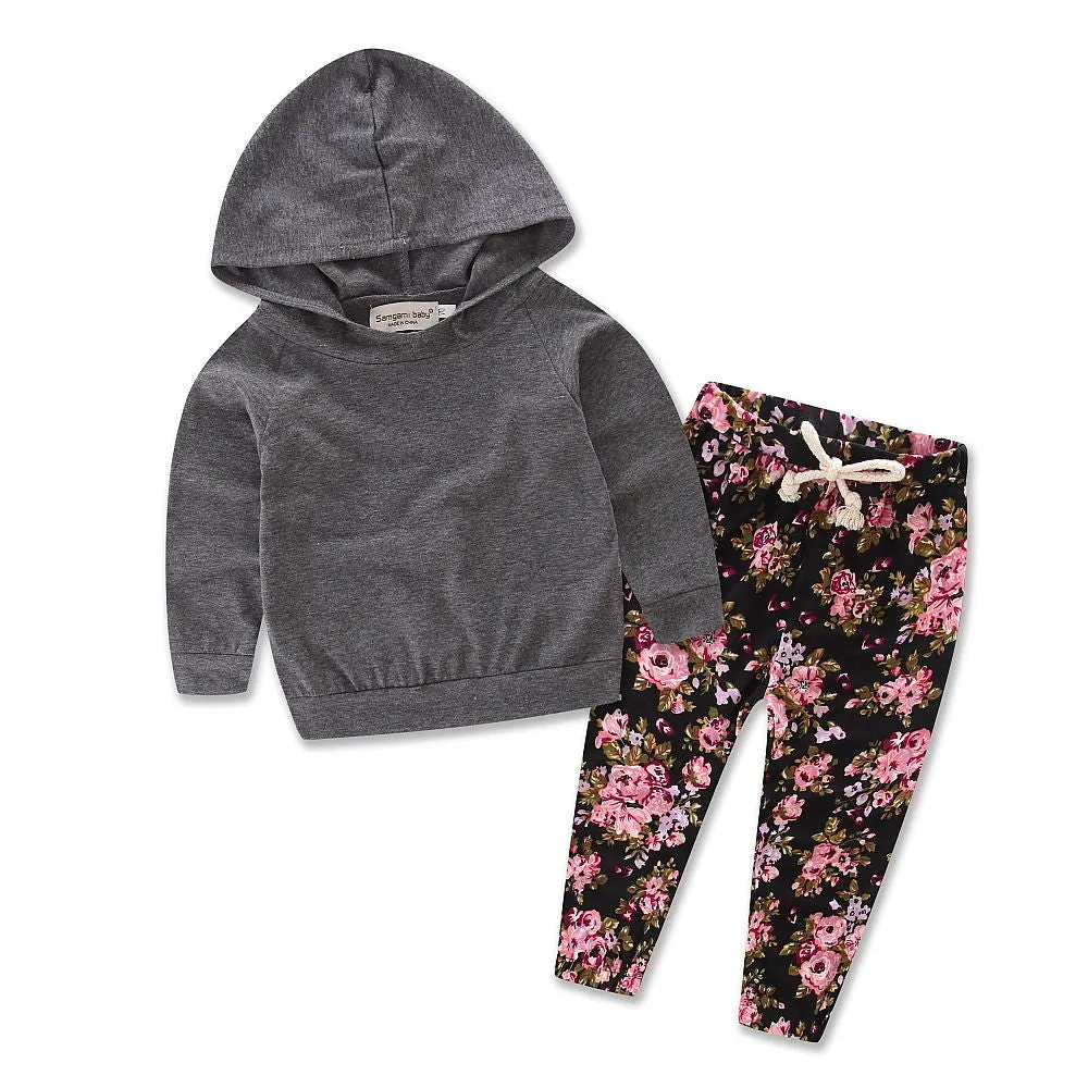 2pcs Newborn Infant Baby Girls Clothes Long Sleeve Hooded Shirt Coat Tops Floral Pants Outfits Bebek Clothing Set