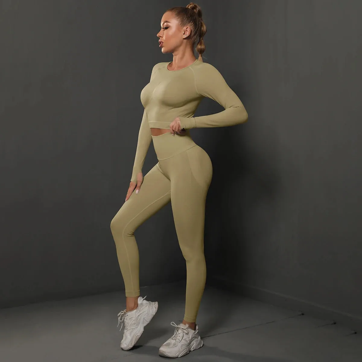 2Pcs Women Sets Energy Seamless Gym Suits Bubble Butt Sports Pants Long Sleeve Shirts Push Up Running Sets Tracksuits Tights Set