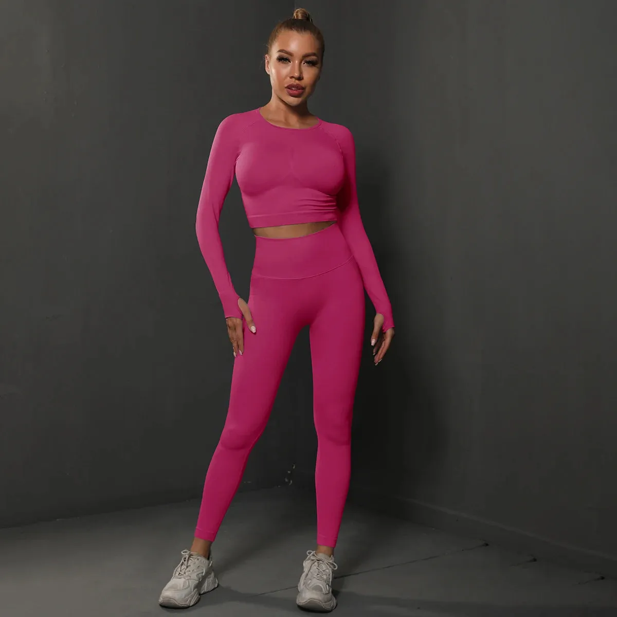 2Pcs Women Sets Energy Seamless Gym Suits Bubble Butt Sports Pants Long Sleeve Shirts Push Up Running Sets Tracksuits Tights Set