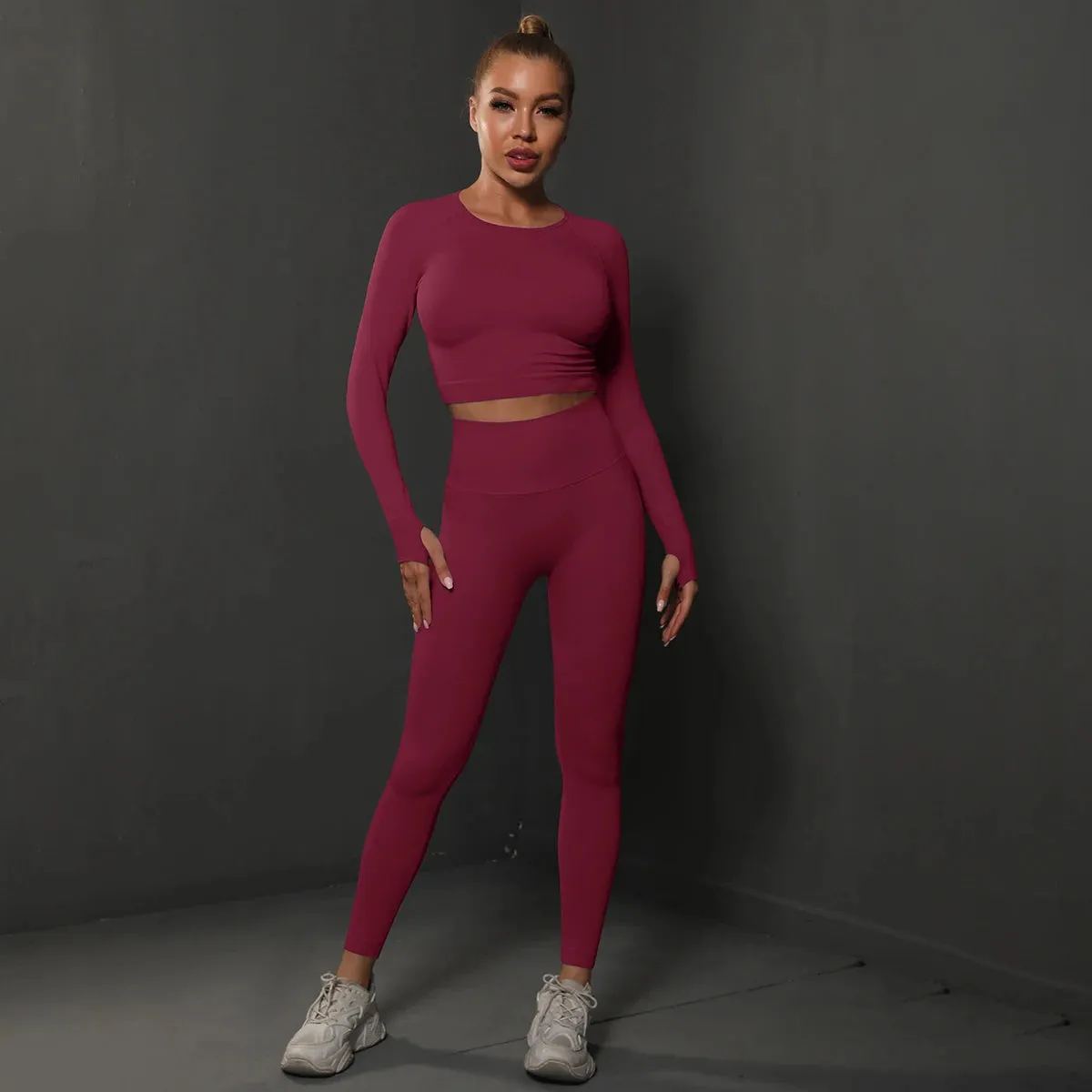 2Pcs Women Sets Energy Seamless Gym Suits Bubble Butt Sports Pants Long Sleeve Shirts Push Up Running Sets Tracksuits Tights Set