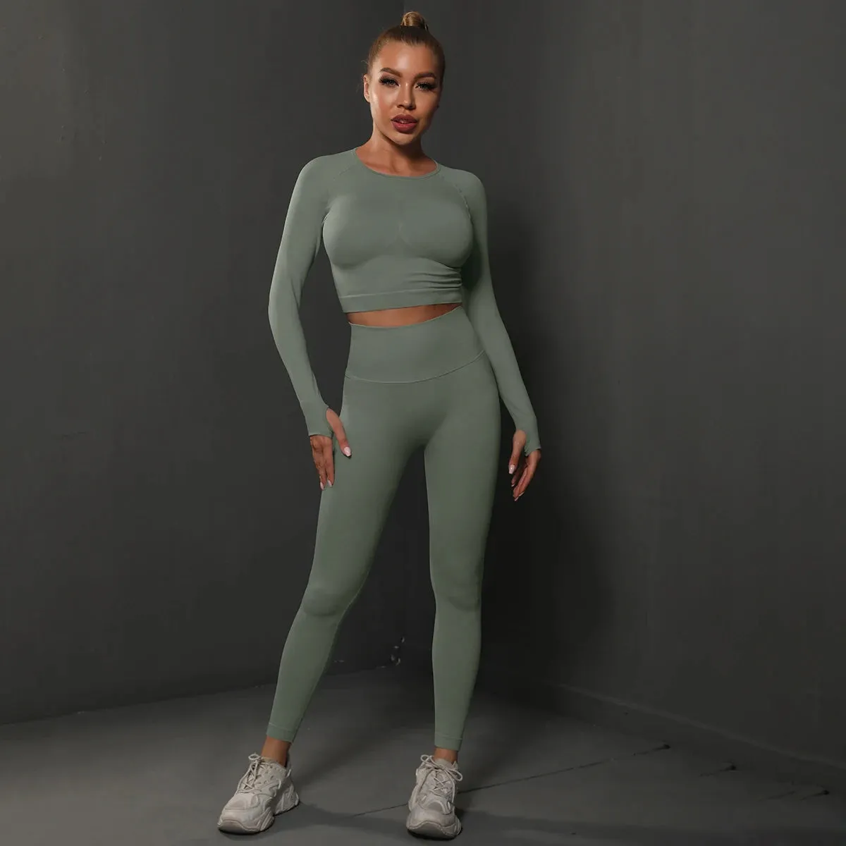 2Pcs Women Sets Energy Seamless Gym Suits Bubble Butt Sports Pants Long Sleeve Shirts Push Up Running Sets Tracksuits Tights Set