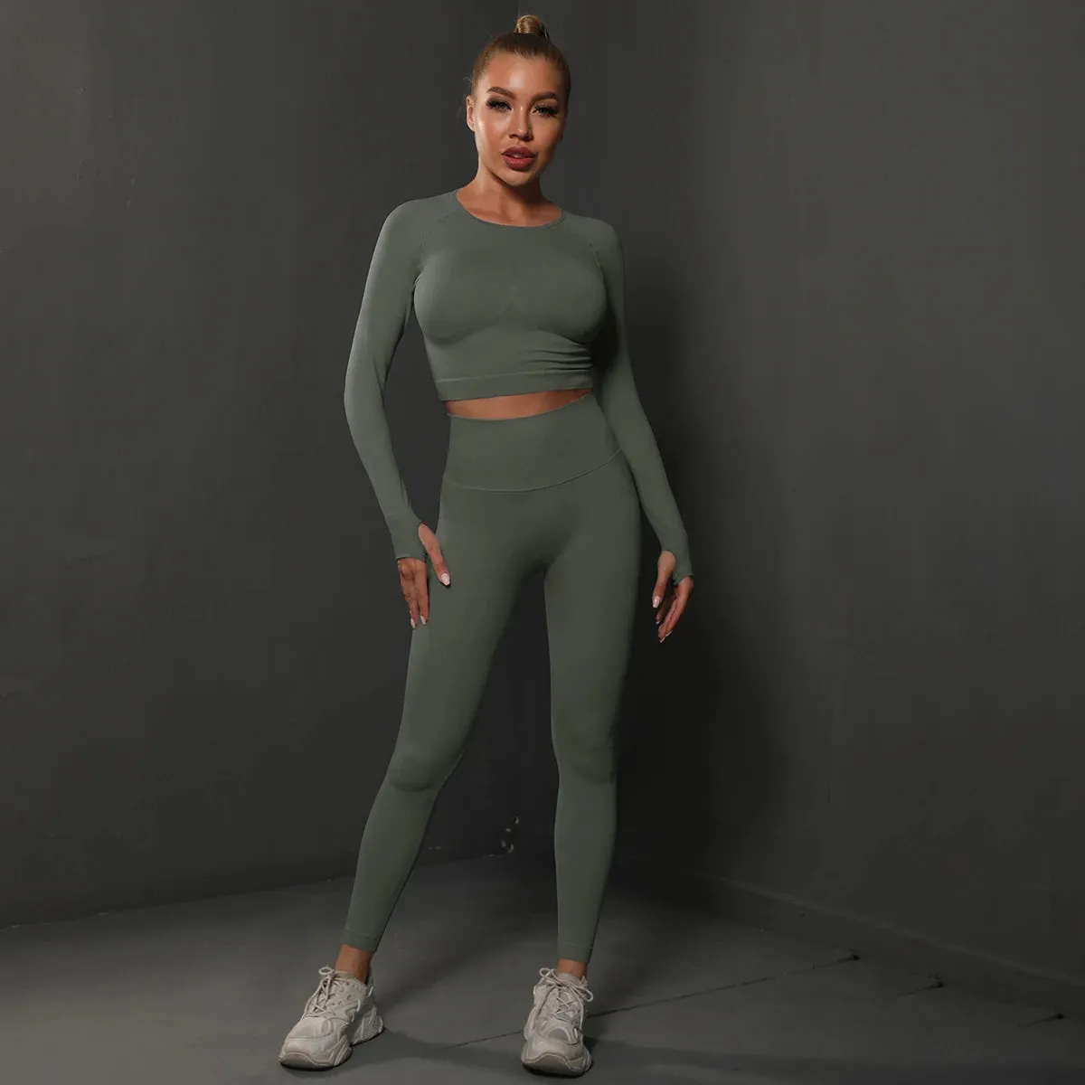 2Pcs Women Sets Energy Seamless Gym Suits Bubble Butt Sports Pants Long Sleeve Shirts Push Up Running Sets Tracksuits Tights Set