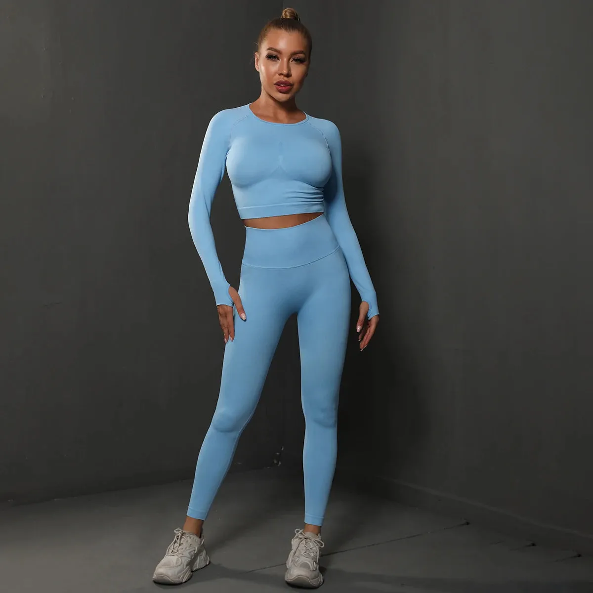 2Pcs Women Sets Energy Seamless Gym Suits Bubble Butt Sports Pants Long Sleeve Shirts Push Up Running Sets Tracksuits Tights Set