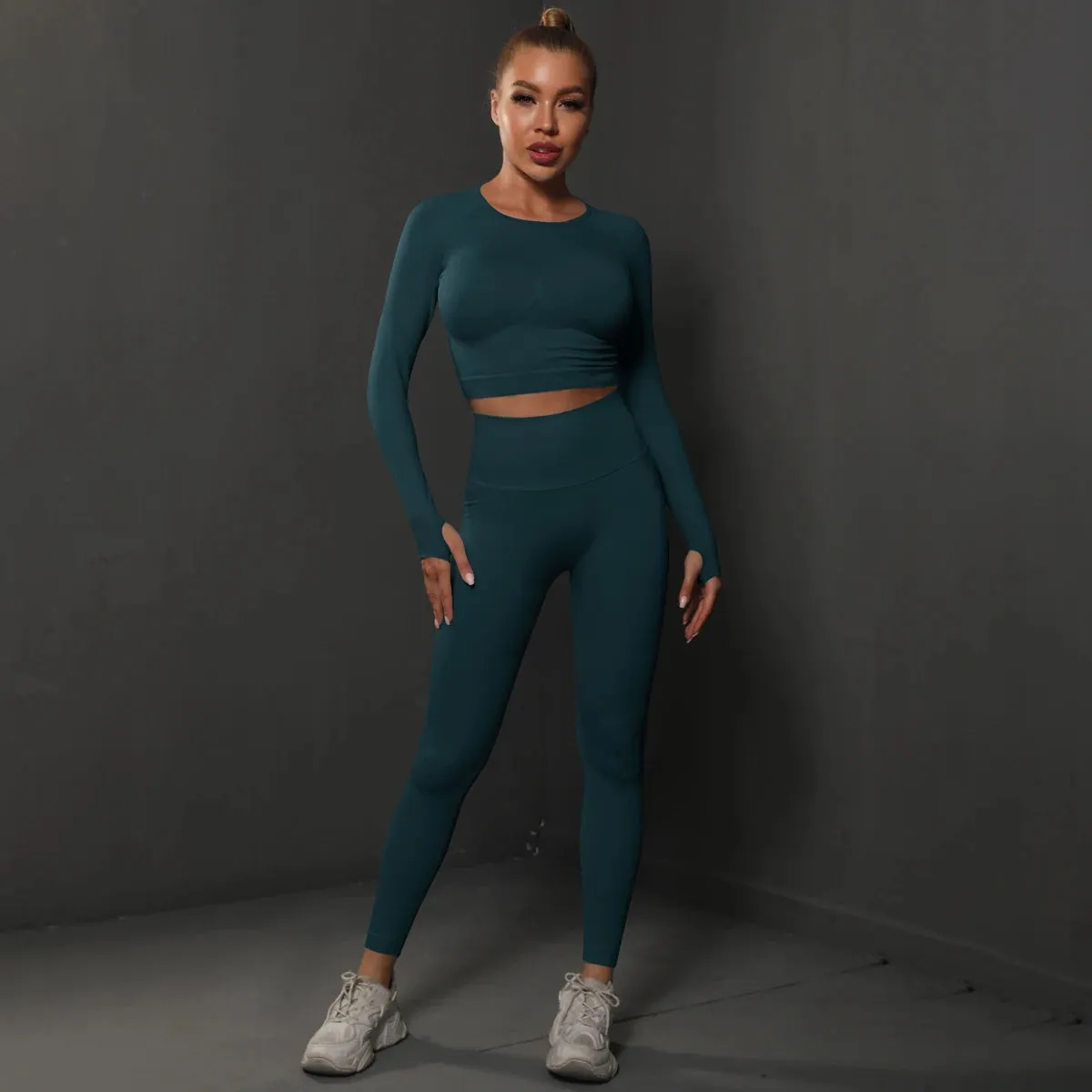 2Pcs Women Sets Energy Seamless Gym Suits Bubble Butt Sports Pants Long Sleeve Shirts Push Up Running Sets Tracksuits Tights Set