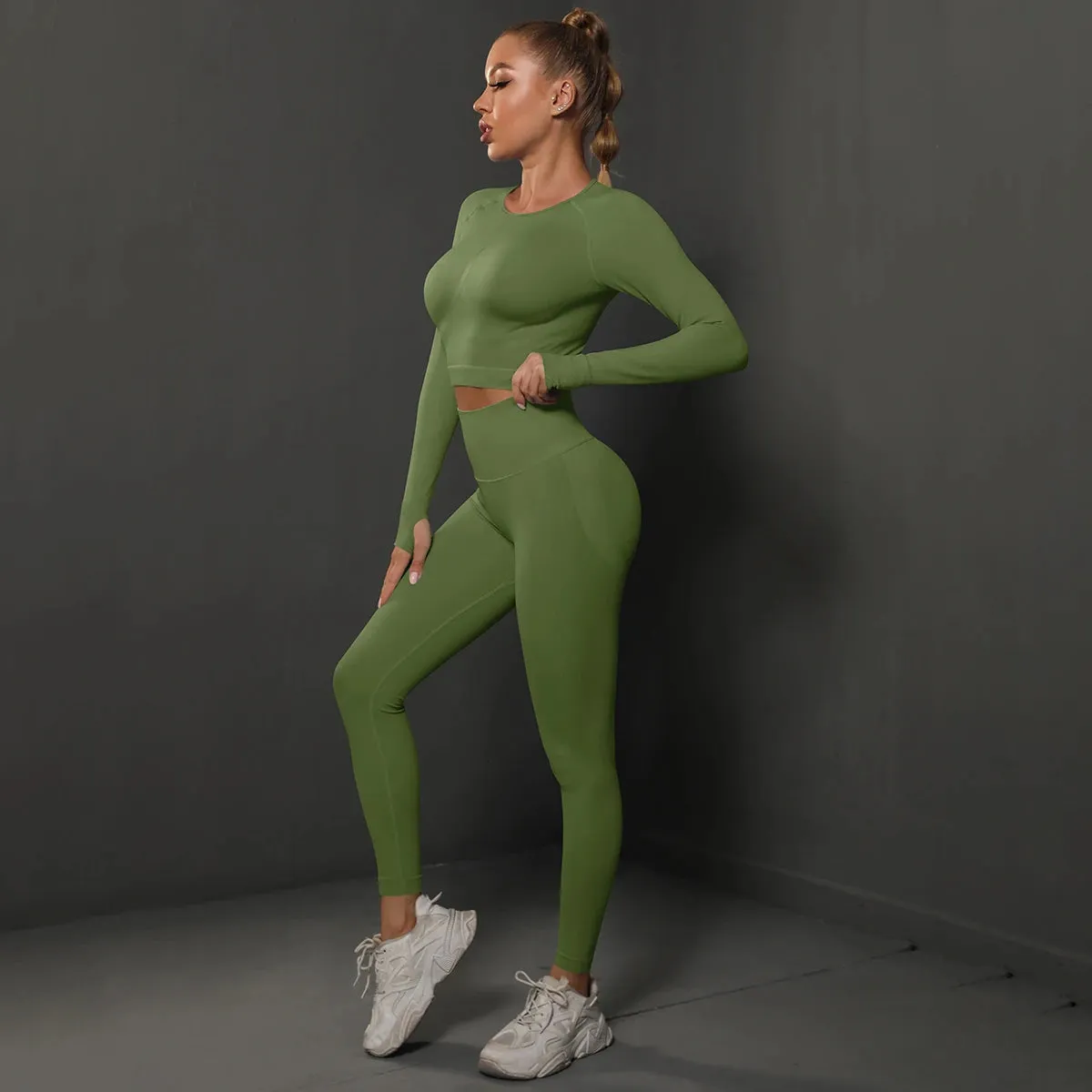 2Pcs Women Sets Energy Seamless Gym Suits Bubble Butt Sports Pants Long Sleeve Shirts Push Up Running Sets Tracksuits Tights Set