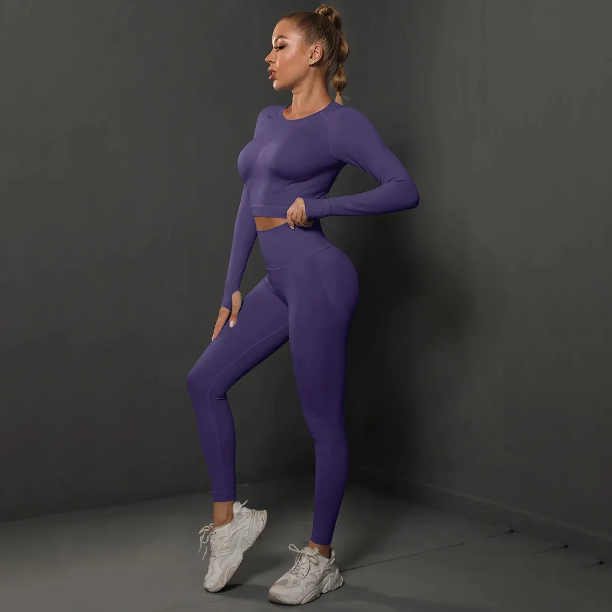 2Pcs Women Sets Energy Seamless Gym Suits Bubble Butt Sports Pants Long Sleeve Shirts Push Up Running Sets Tracksuits Tights Set