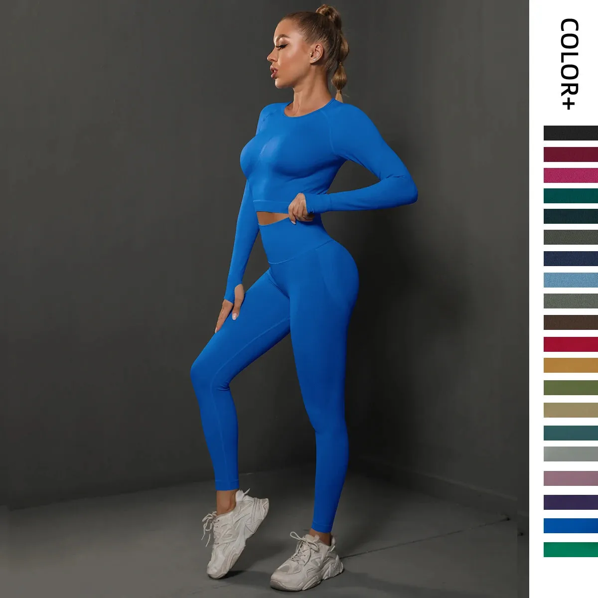 2Pcs Women Sets Energy Seamless Gym Suits Bubble Butt Sports Pants Long Sleeve Shirts Push Up Running Sets Tracksuits Tights Set