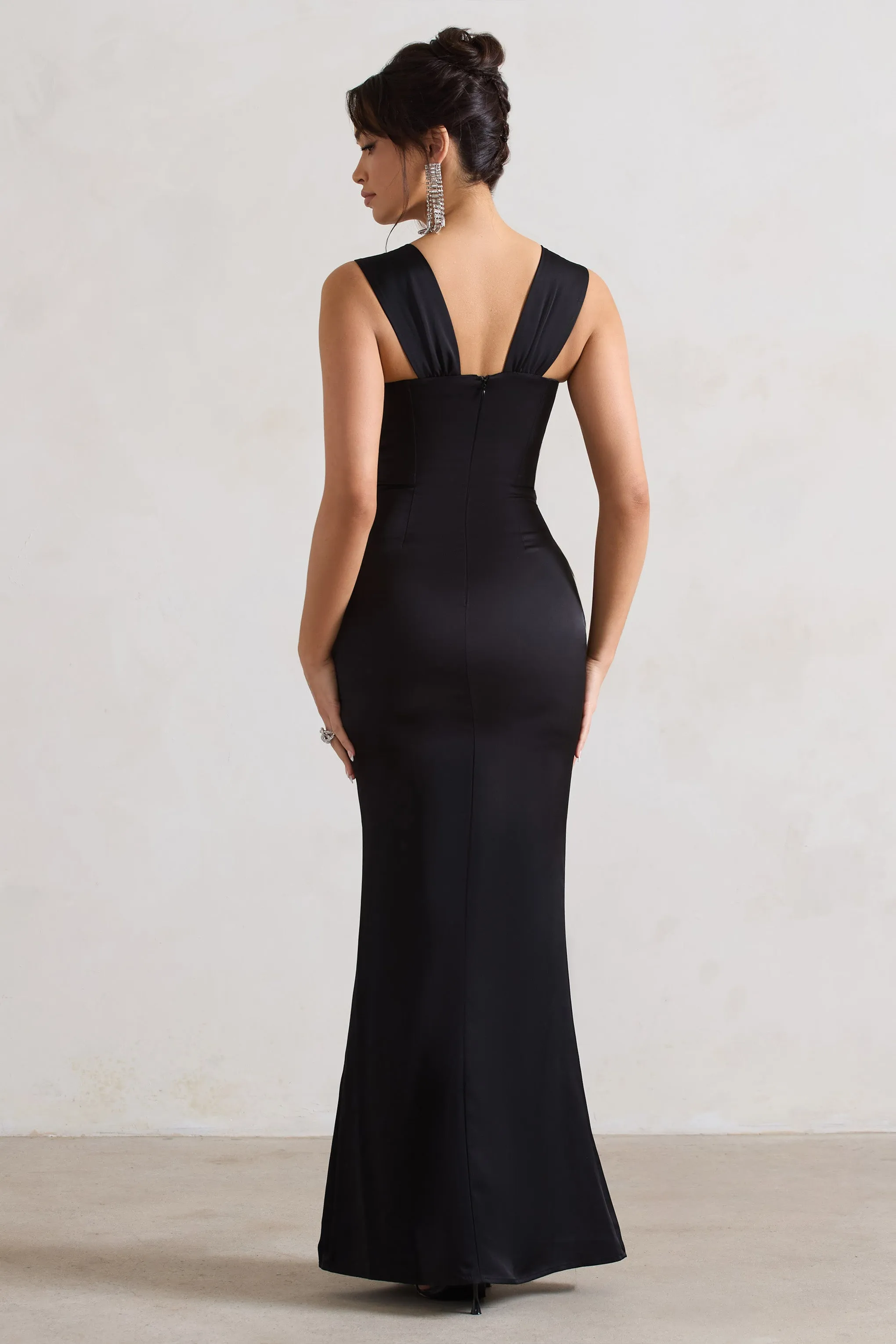 A Romantic | Black Satin Corset Wrap Maxi Dress