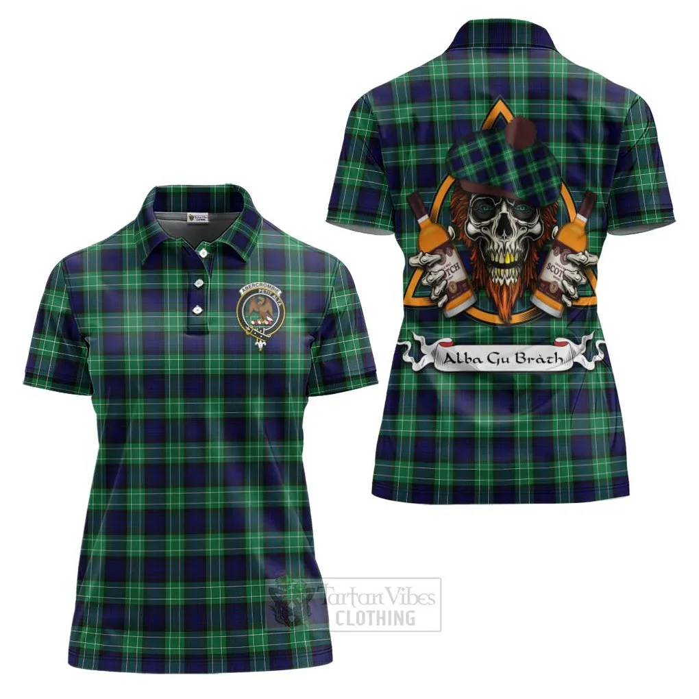 Abercrombie Tartan Women's Polo Shirt with Family Crest and Bearded Skull Holding Bottles of Whiskey