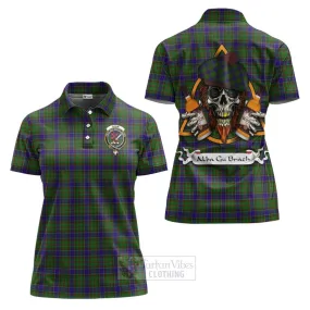 Adam Tartan Women's Polo Shirt with Family Crest and Bearded Skull Holding Bottles of Whiskey