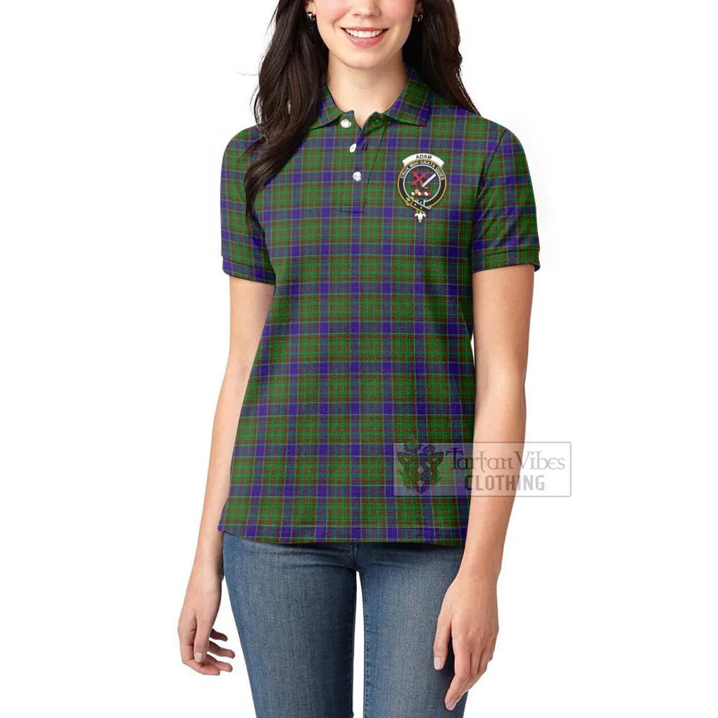 Adam Tartan Women's Polo Shirt with Family Crest and Bearded Skull Holding Bottles of Whiskey