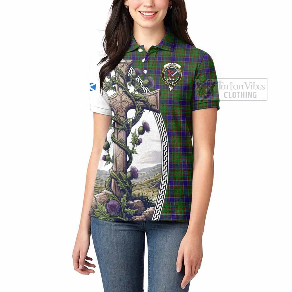 Adam Tartan Women's Polo Shirt with Family Crest and St. Andrew's Cross Accented by Thistle Vines