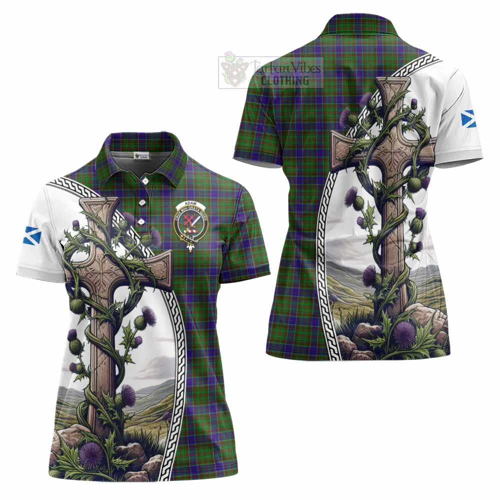 Adam Tartan Women's Polo Shirt with Family Crest and St. Andrew's Cross Accented by Thistle Vines