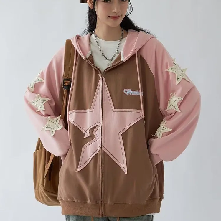 Advbridge dream clothes Patch Star Coat Men's and Women's 2024 Spring and Autumn American Retro Trendy Loose Five-Pointed Star Hooded Cardigan Sweater