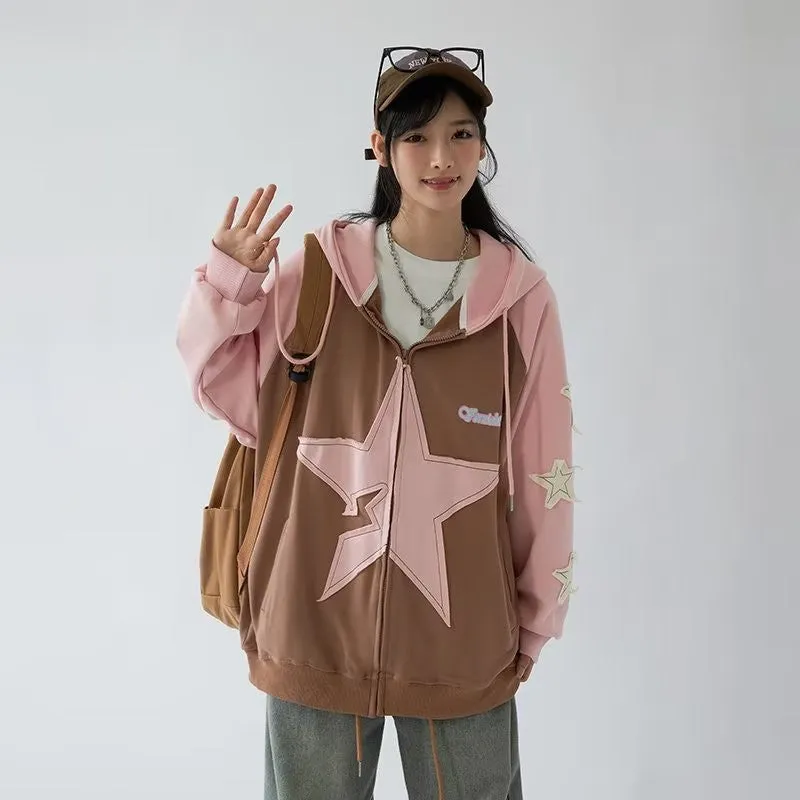 Advbridge dream clothes Patch Star Coat Men's and Women's 2024 Spring and Autumn American Retro Trendy Loose Five-Pointed Star Hooded Cardigan Sweater