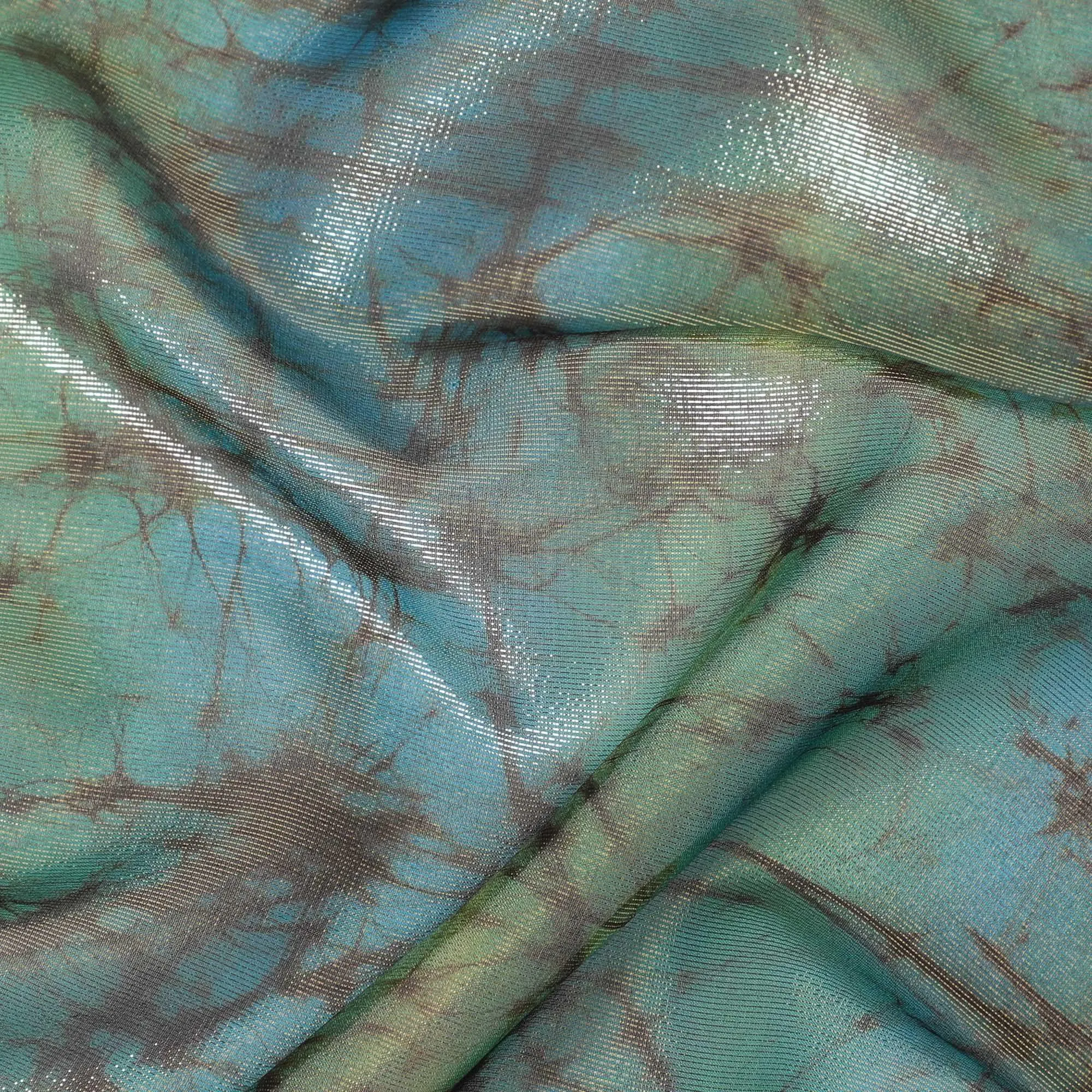 Aegean blue Premium pure silk chiffon with gold metallic lurex and brown prints in abstract design-D11394