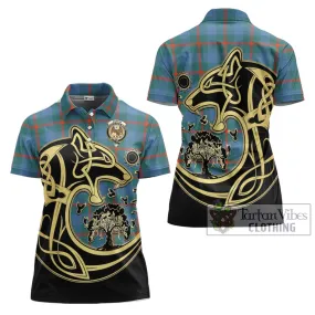 Agnew Ancient Tartan Women's Polo Shirt with Family Crest Celtic Wolf Style