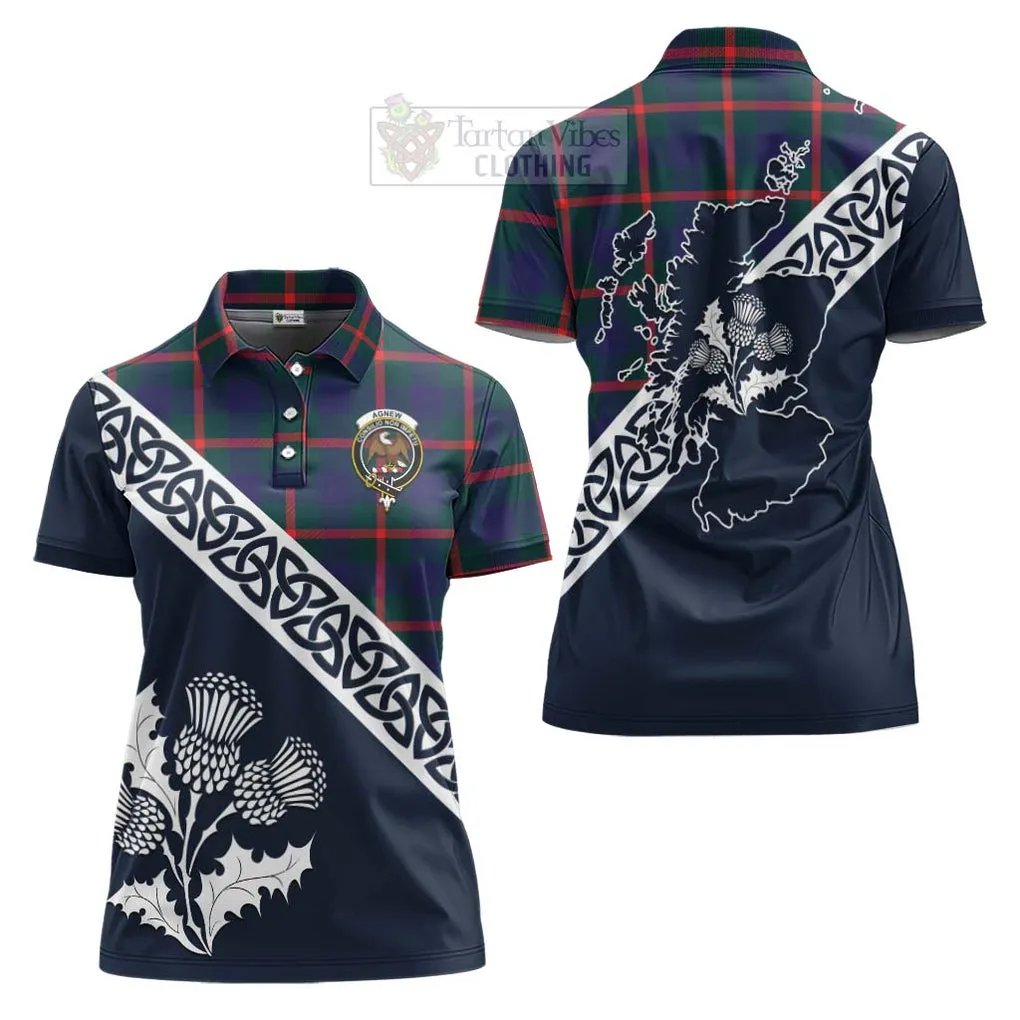 Agnew Tartan Women's Polo Shirt Featuring Thistle and Scotland Map