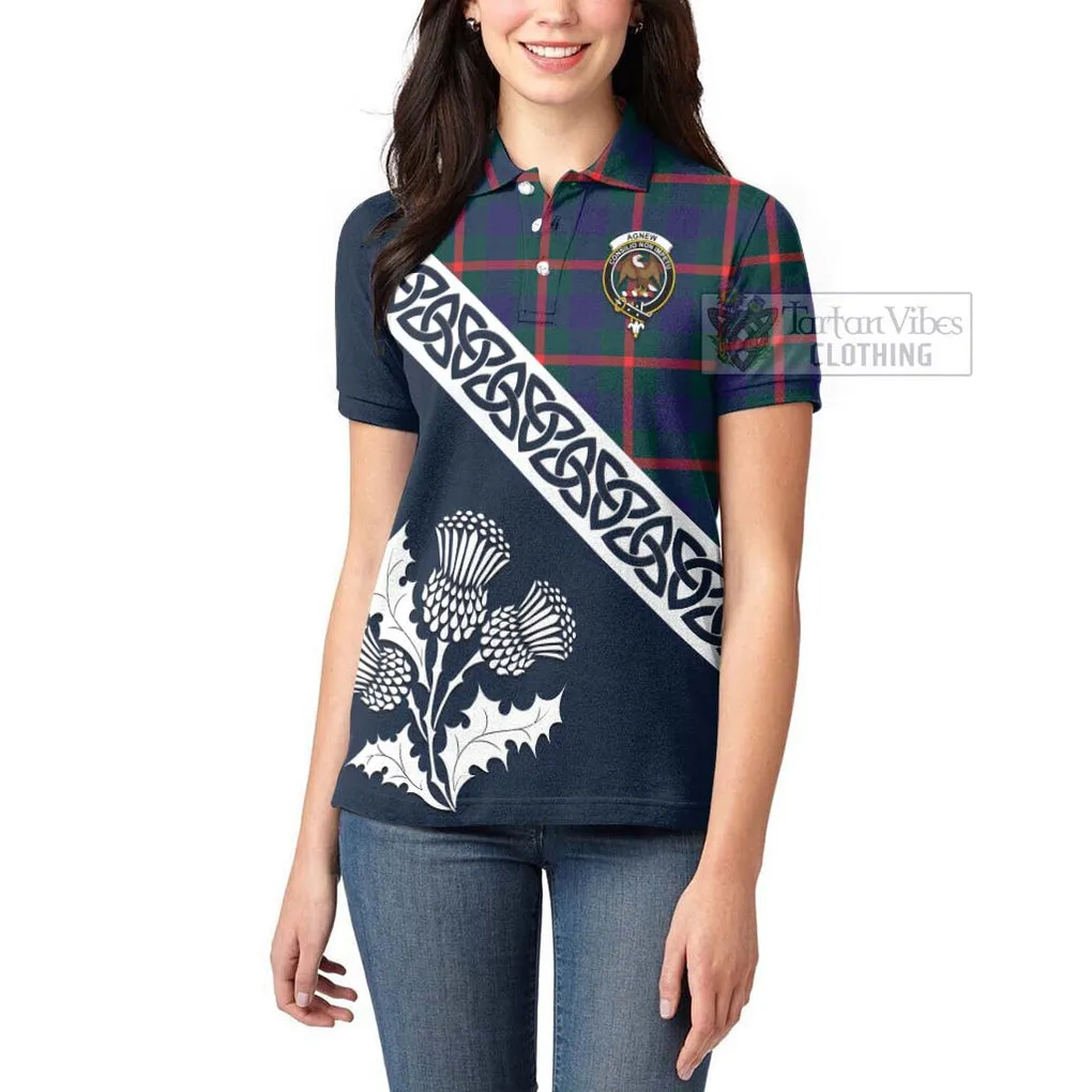 Agnew Tartan Women's Polo Shirt Featuring Thistle and Scotland Map