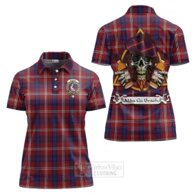 Ainslie Tartan Women's Polo Shirt with Family Crest and Bearded Skull Holding Bottles of Whiskey