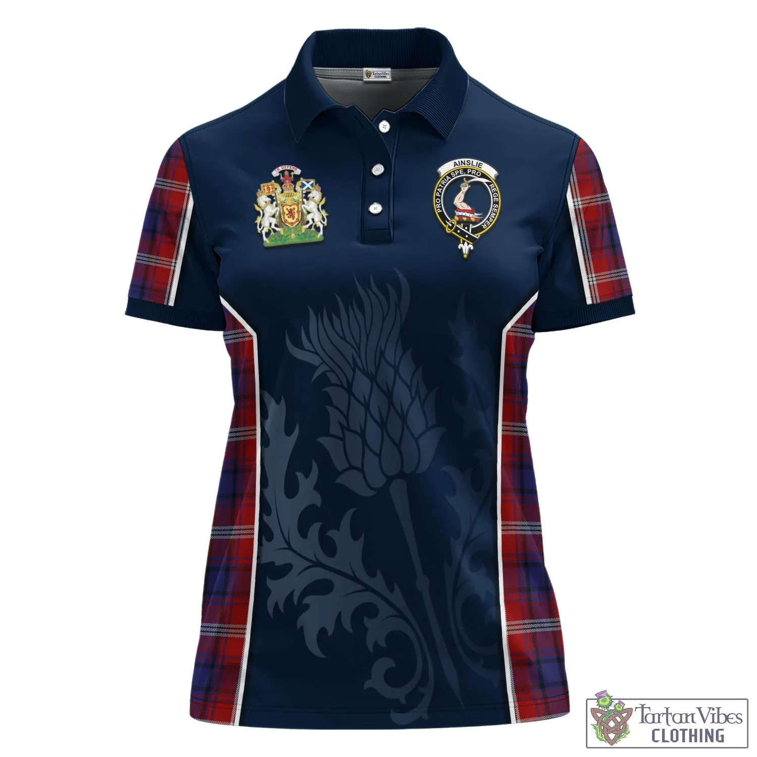 Ainslie Tartan Women's Polo Shirt with Family Crest and Scottish Thistle Vibes Sport Style