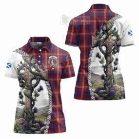 Ainslie Tartan Women's Polo Shirt with Family Crest and St. Andrew's Cross Accented by Thistle Vines