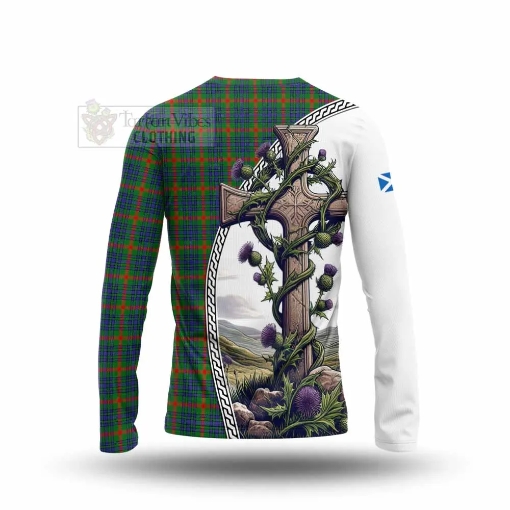 Aiton Tartan Long Sleeve T-Shirt with Family Crest and St. Andrew's Cross Accented by Thistle Vines