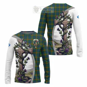 Aiton Tartan Long Sleeve T-Shirt with Family Crest and St. Andrew's Cross Accented by Thistle Vines