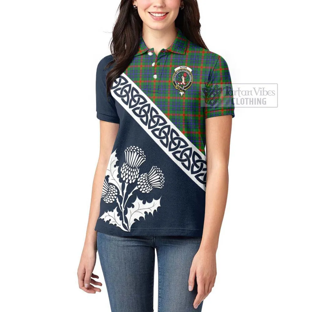 Aiton Tartan Women's Polo Shirt Featuring Thistle and Scotland Map