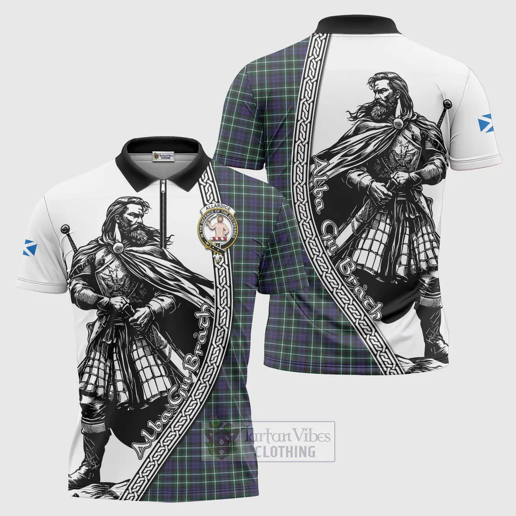 Allardice Tartan Clan Crest Zipper Polo Shirt with Highlander Warrior Celtic Style