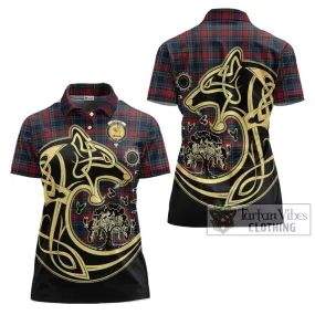 Allison Red Tartan Women's Polo Shirt with Family Crest Celtic Wolf Style