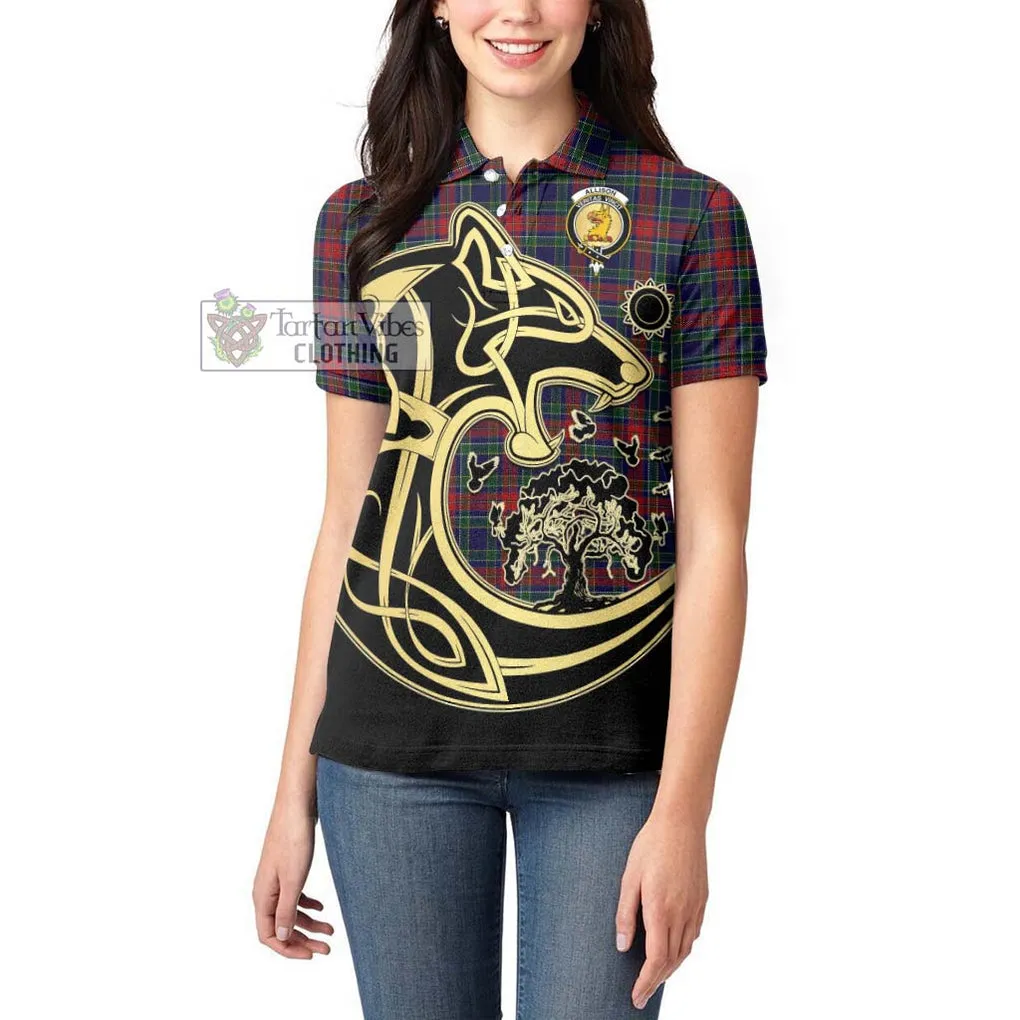 Allison Red Tartan Women's Polo Shirt with Family Crest Celtic Wolf Style