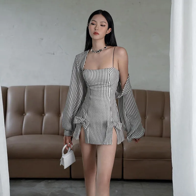 Amozae fashion outfits Autumn Fashion Trendy Women's Clothing New Strap off-Shoulder Slim Hip Striped Dress