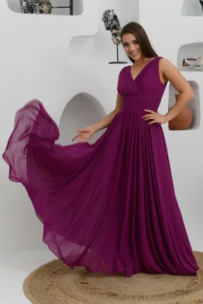 Angelino Plum Chiffon V -Yaka Long Evening Dress