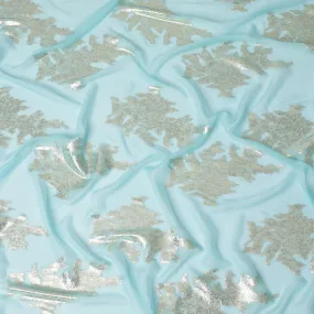 Aqua Blue Silk Chiffon Fabric with Silver Gilded Embellishments, 140cm Wide - Exquisite South Korean Craft-D17786