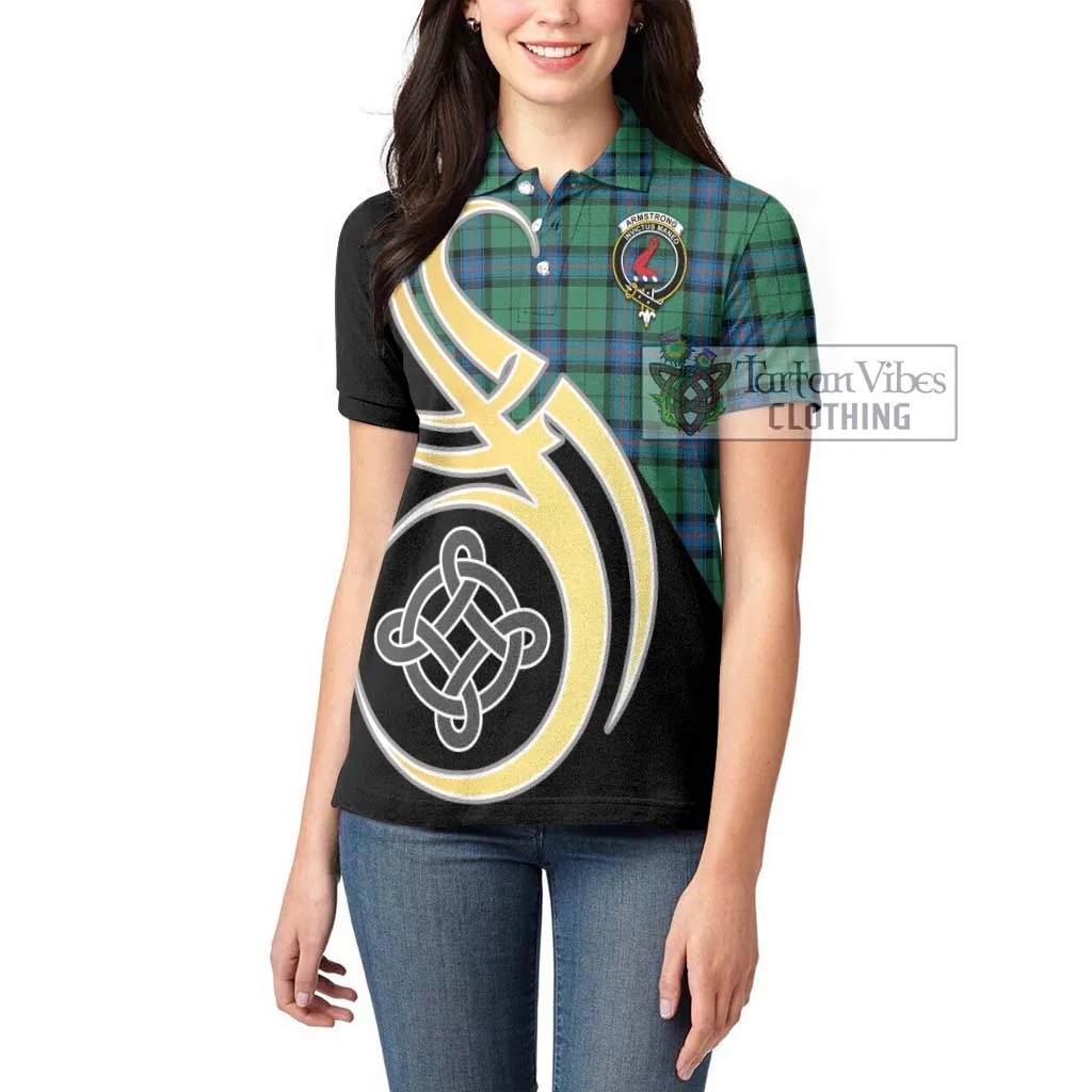 Armstrong Ancient Tartan Women's Polo Shirt with Family Crest and Celtic Symbol Style