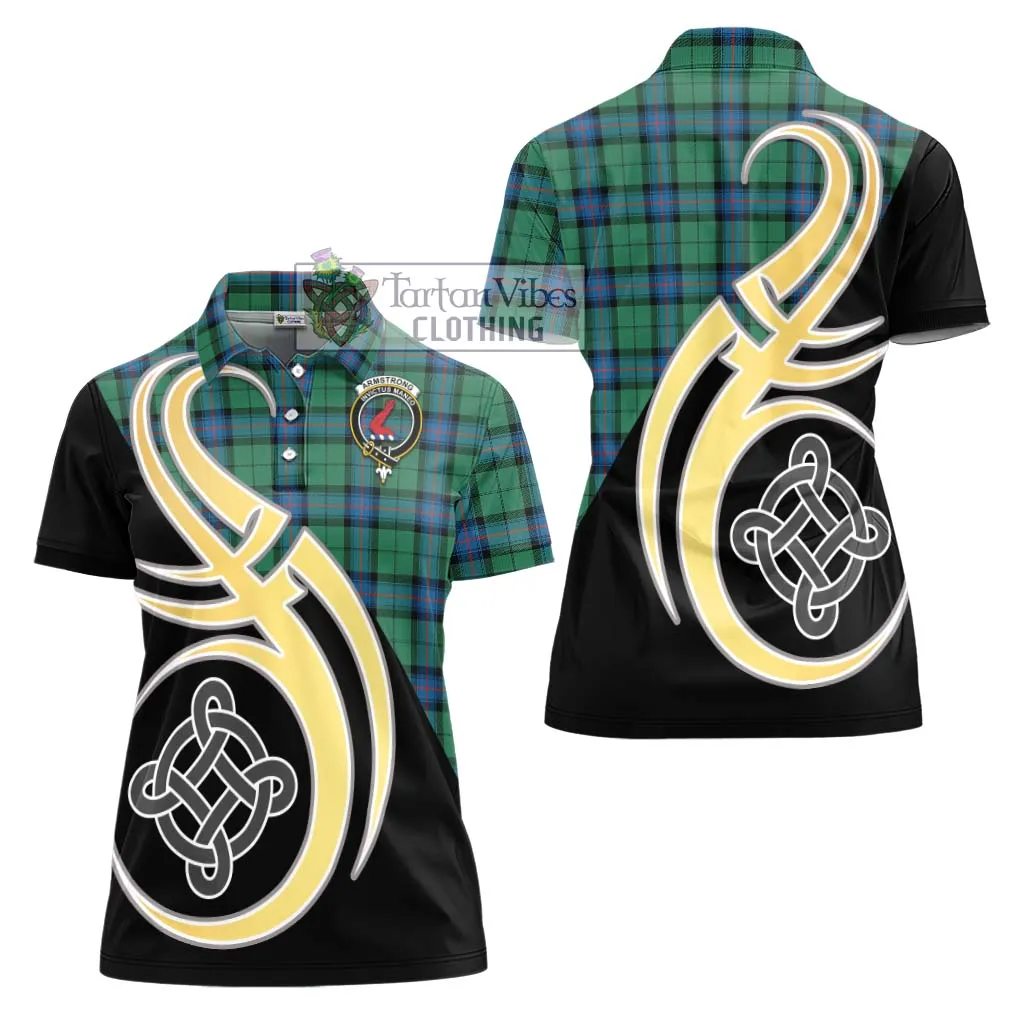 Armstrong Ancient Tartan Women's Polo Shirt with Family Crest and Celtic Symbol Style