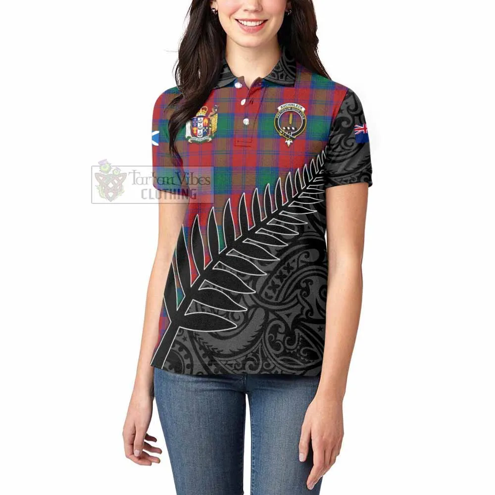 Auchinleck (Affleck) Crest Tartan Women's Polo Shirt with New Zealand Silver Fern Half Style