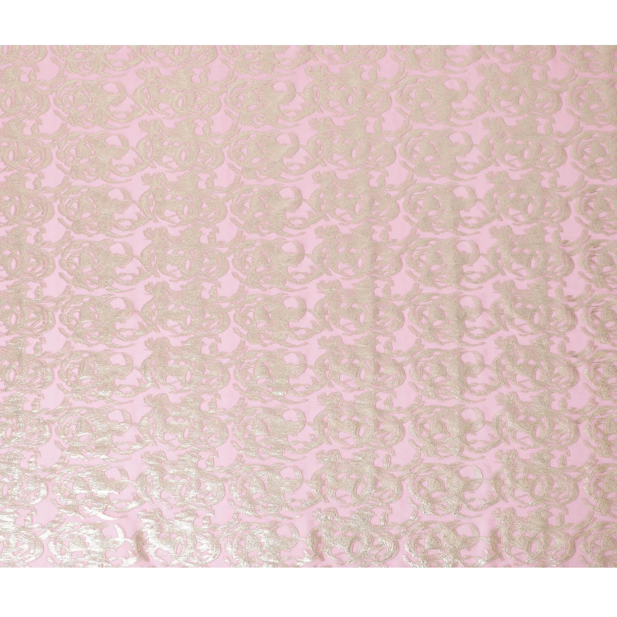 Baby pink Premium pure silk chiffon fabric with gold metallic lurex in abstract design-D17223