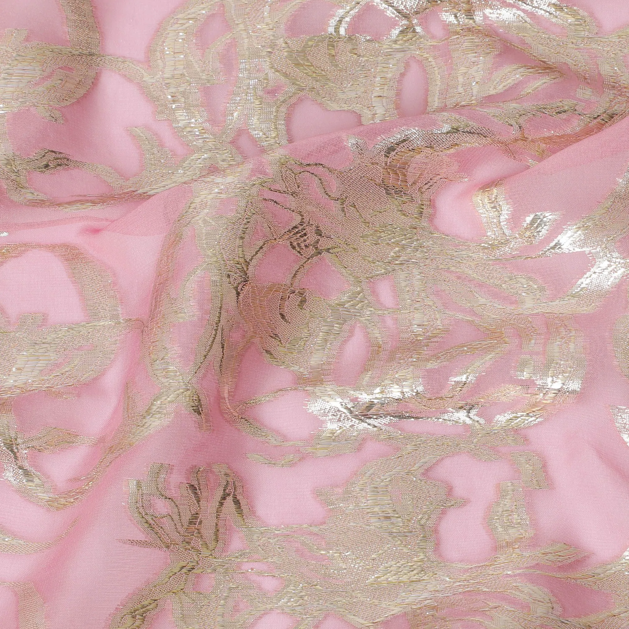 Baby pink Premium pure silk chiffon fabric with gold metallic lurex in abstract design-D17223