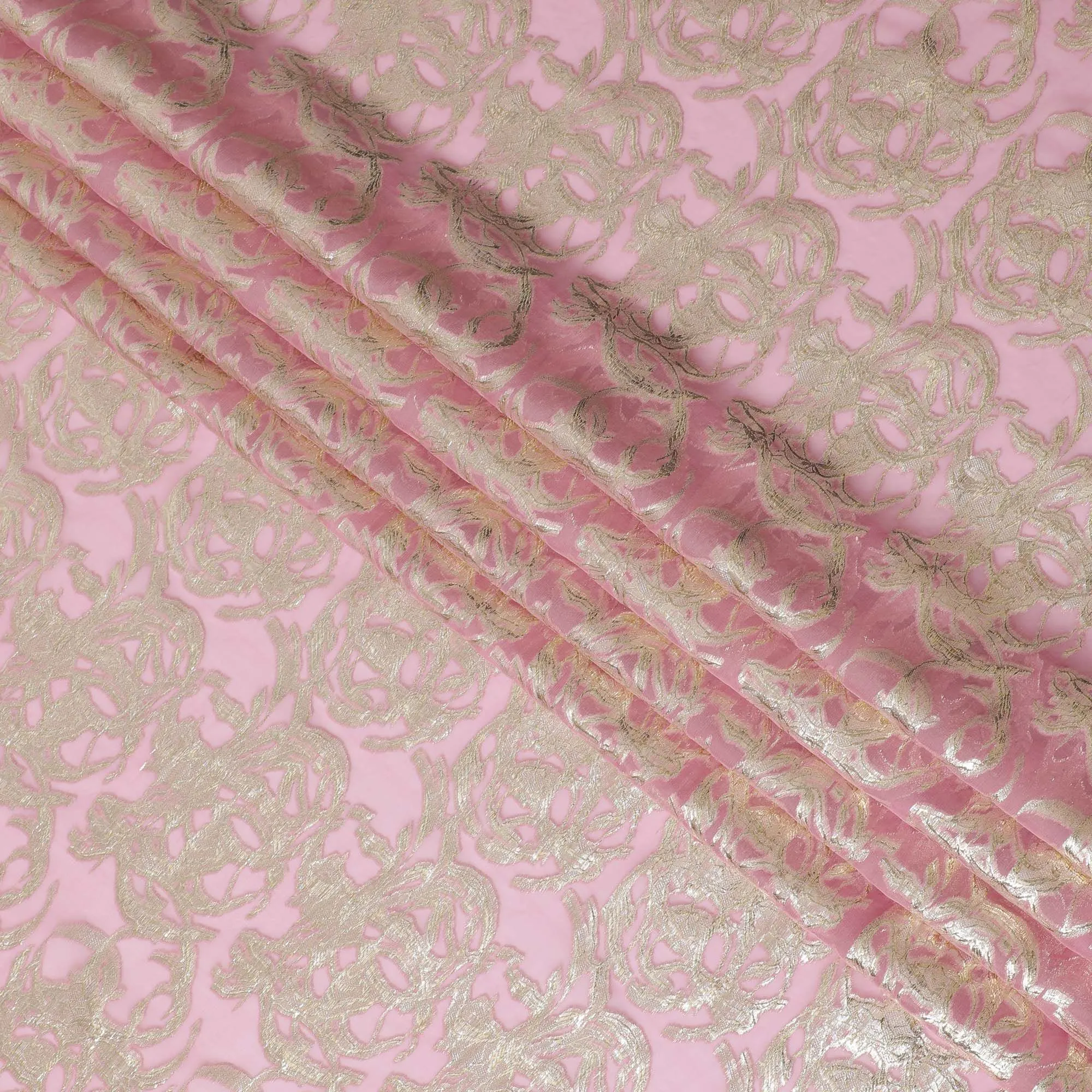 Baby pink Premium pure silk chiffon fabric with gold metallic lurex in abstract design-D17223