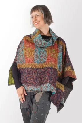 BAGH PRINT KANTHA A-LINE JKT COWL NECK LONG CAPE - bg4842-brn -